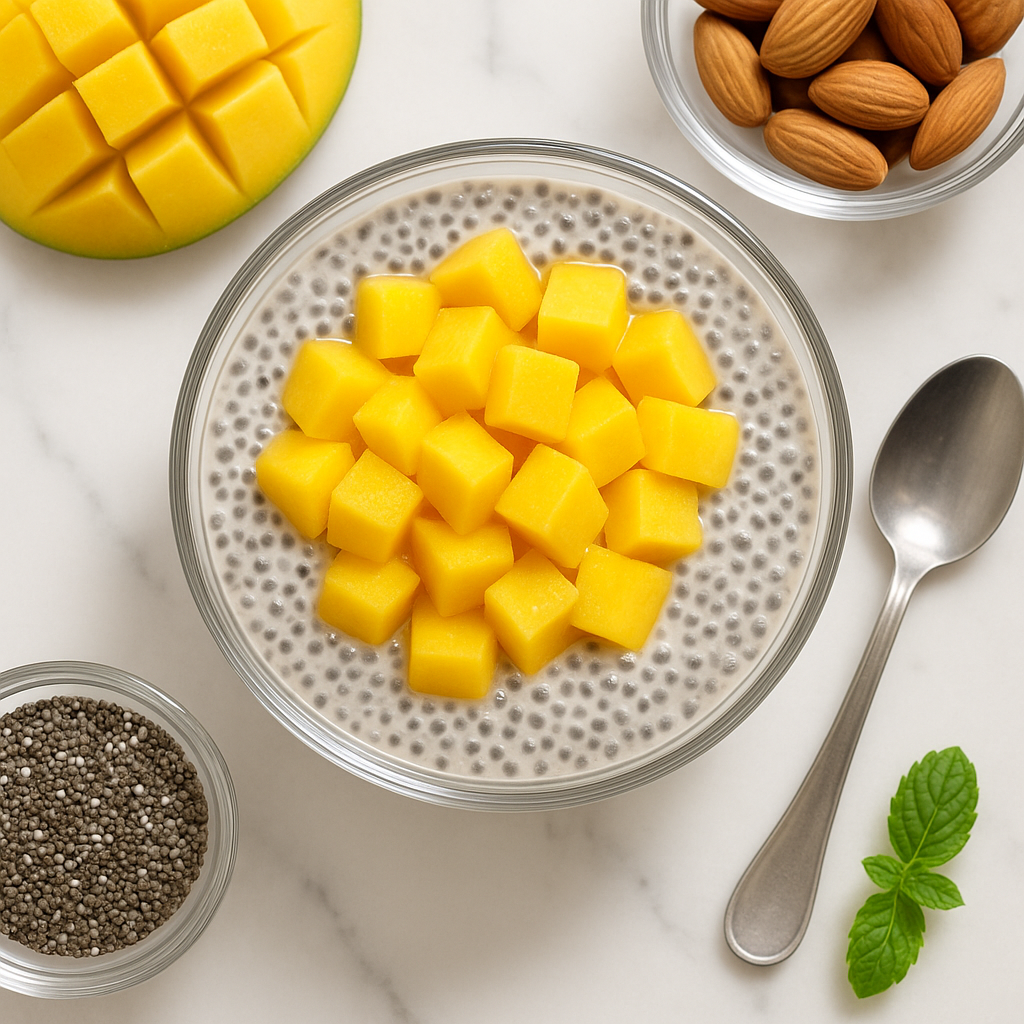 5 Minute Chia Seed Pudding with Almond Milk and Mango