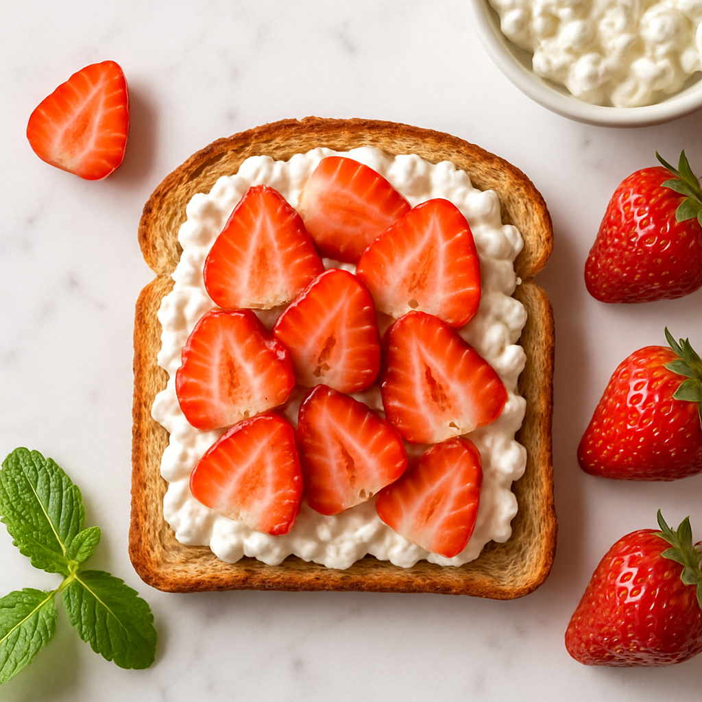 5 Minute Cottage Cheese Toast with Sliced Strawberries