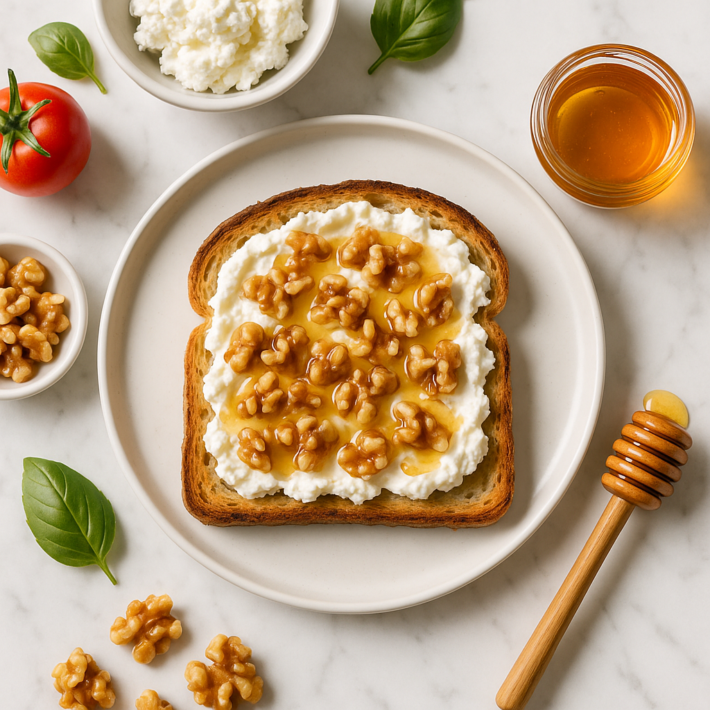 5 Minute Low Calorie Ricotta Toast with Honey and Walnuts