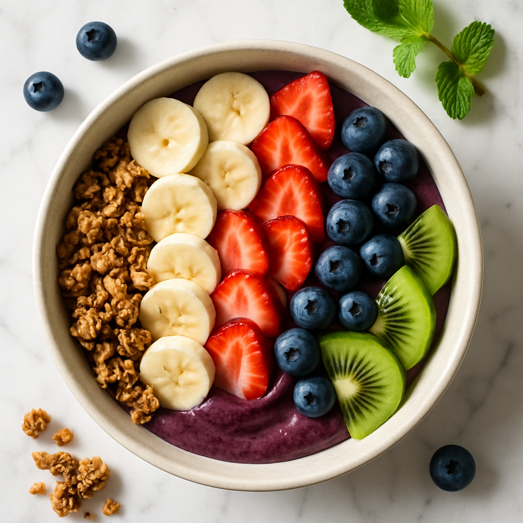 Acai Breakfast Bowl with Granola and Fresh Fruit (High-Protein, Low-Sugar)
