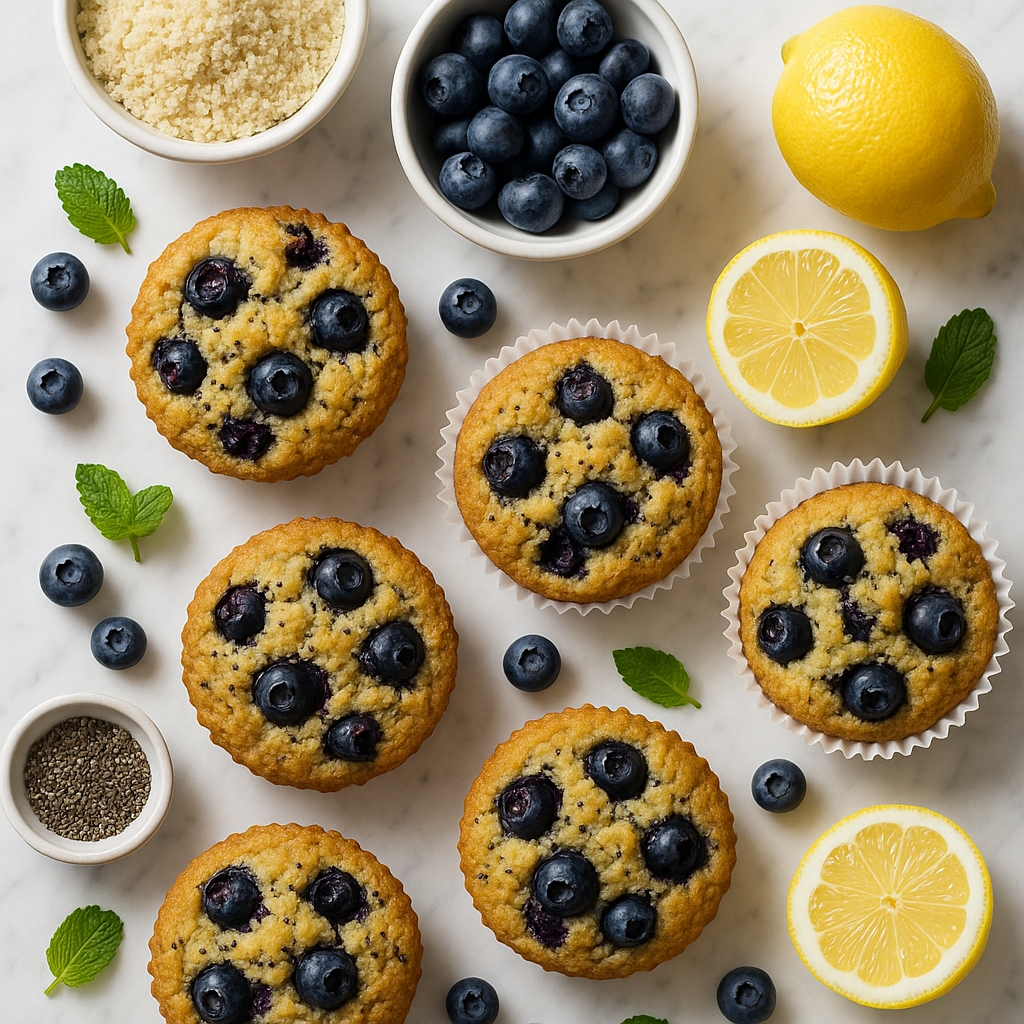 Almond Flour Blueberry Breakfast Muffins Gluten Free with Lemon and Chia