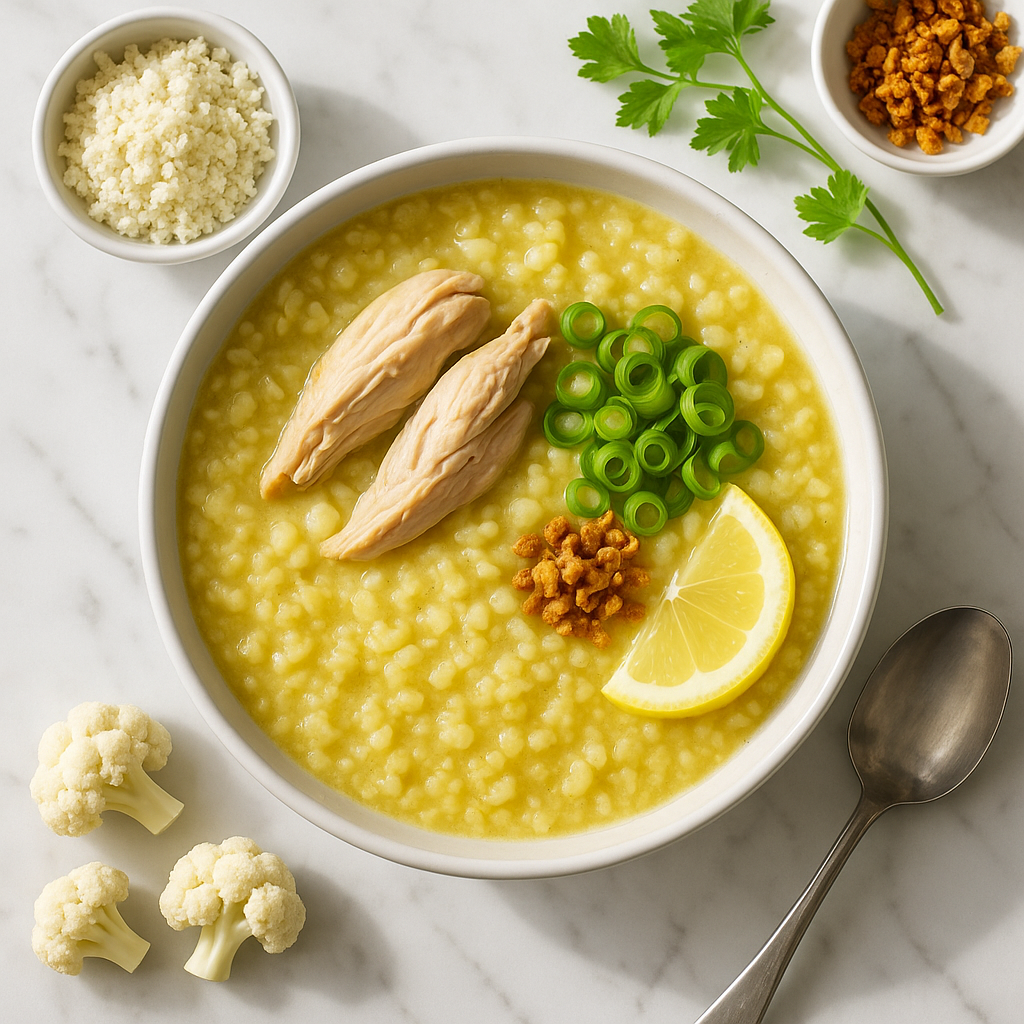 High Protein Arroz Caldo Chicken Rice Porridge with Cauliflower Boost