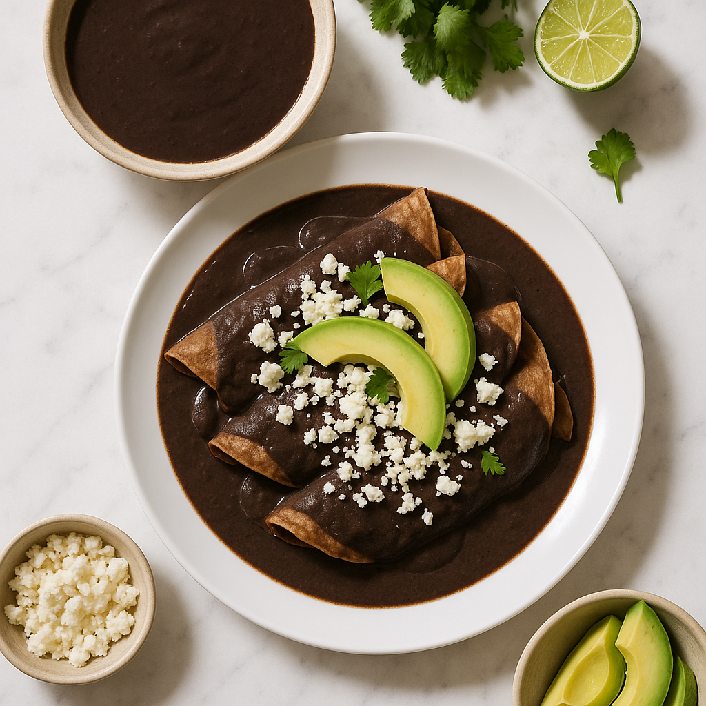 Authentic Enfrijoladas with Black Bean Sauce and Cotija Cheese
