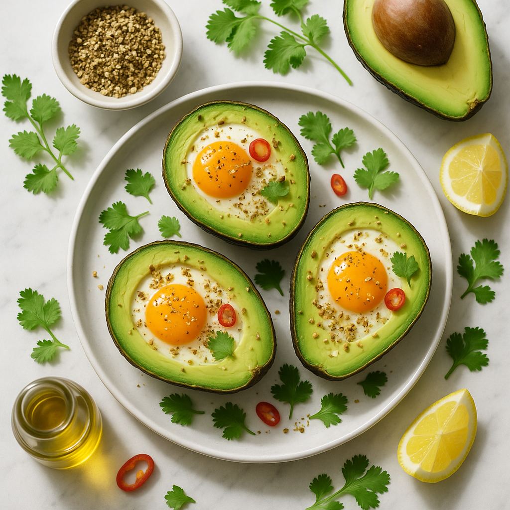 Avocado Baked Eggs in Shell Healthy Breakfast with Chilli and Dukkah