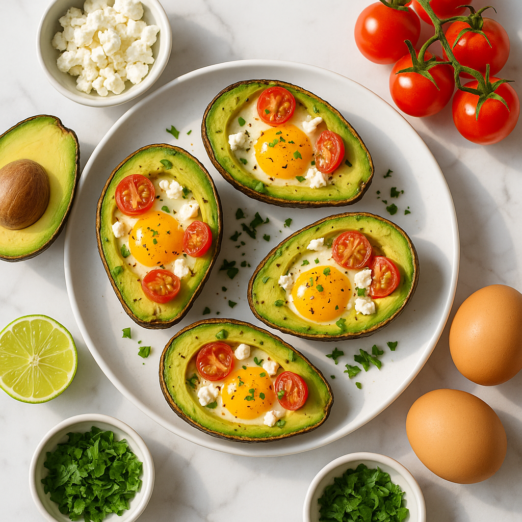 Avocado Egg Boats Baked in the Oven with Feta and Cherry Tomatoes