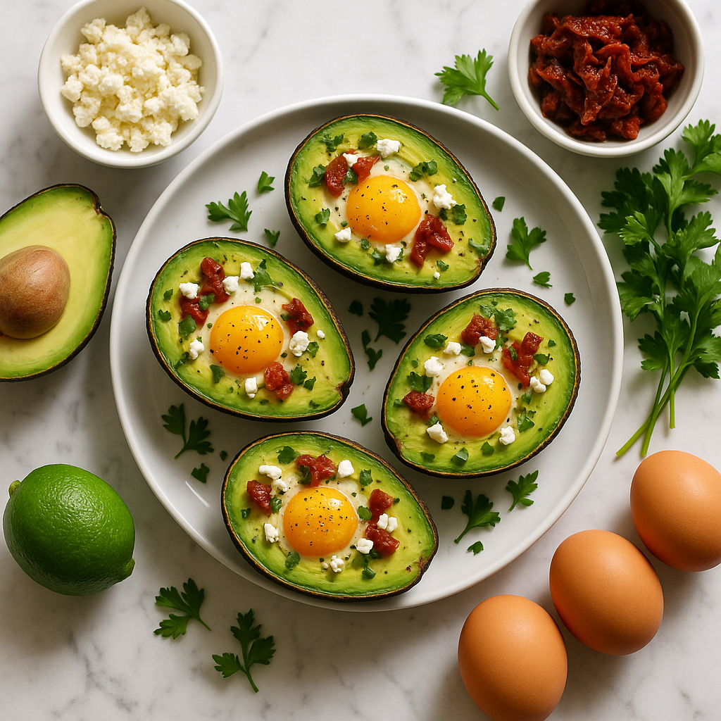 Avocado Egg Boats Low Carb Breakfast with Feta and Sun-Dried Tomatoes