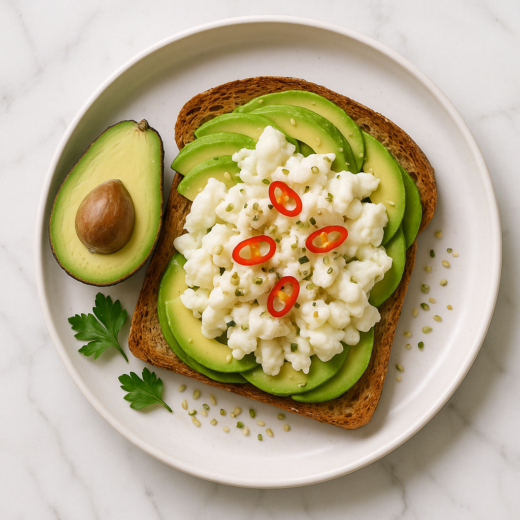 Avocado Egg White Scramble on Whole Grain Toast with Chilli and Hemp Seeds