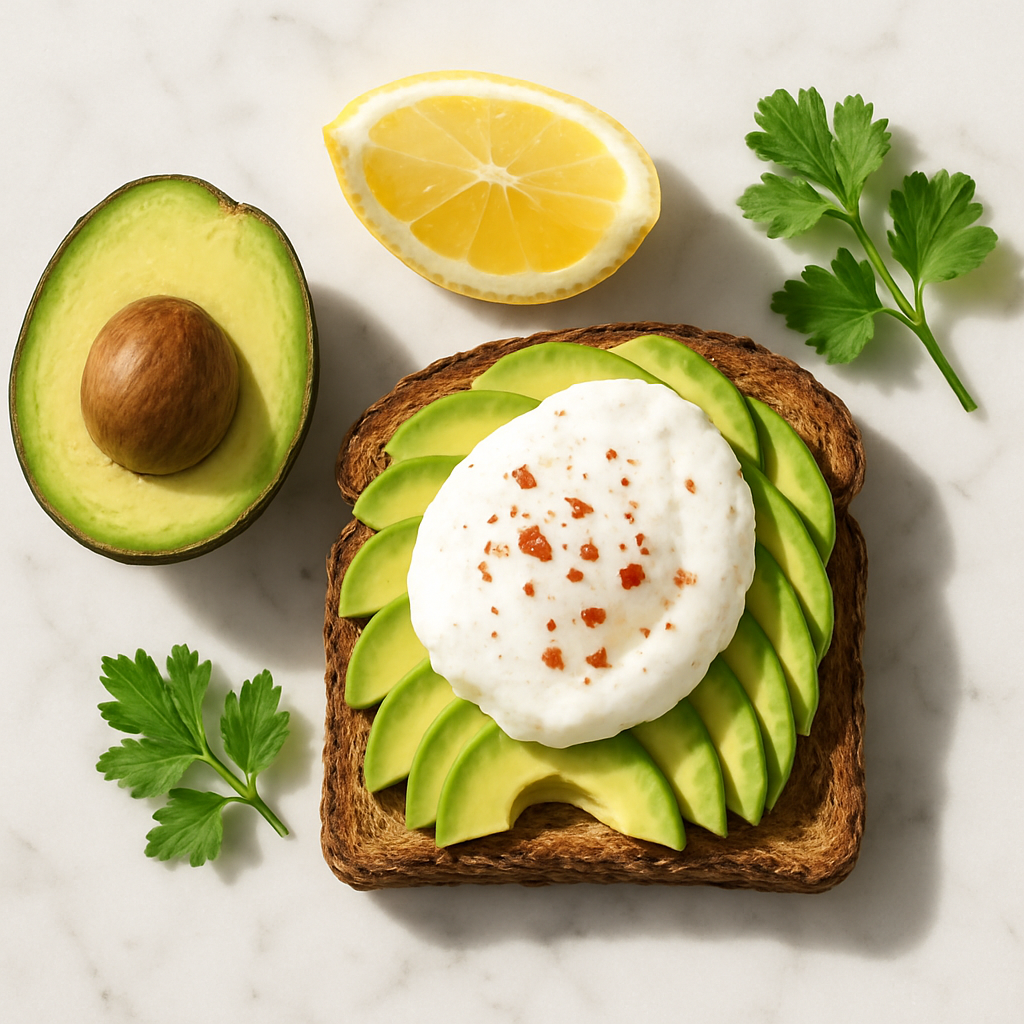Avocado Egg White Toast on Whole Grain Bread with Chilli and Lemon