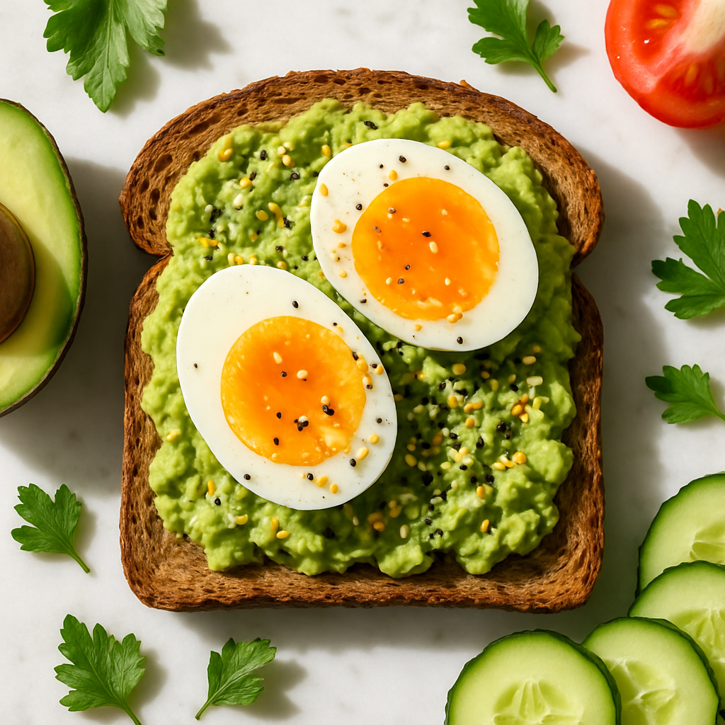 High-Protein Avocado Toast with Everything Bagel Seasoning on Whole Grain Bread
