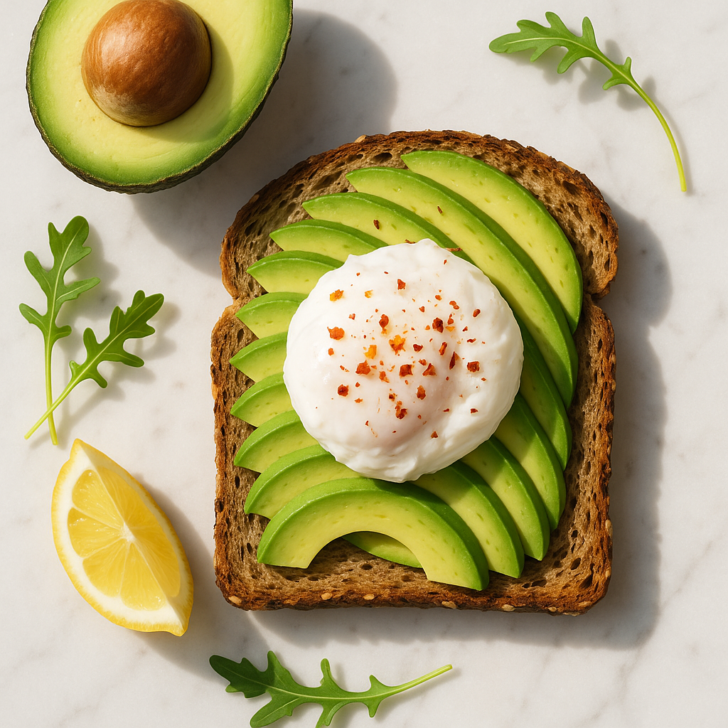 Avocado Toast with Poached Egg and Chili Flakes on Sprouted Grain Bread