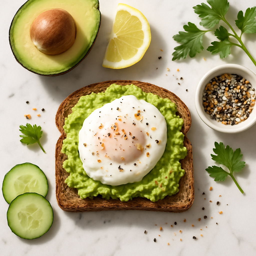 Avocado Toast with Poached Egg on Whole Grain Bread and Everything Seasoning