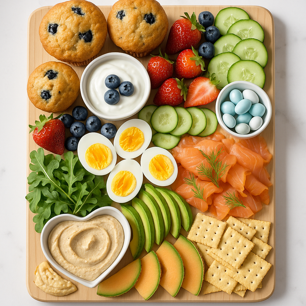 Baby Shower Brunch Charcuterie Board with Muffins and Smoked Salmon