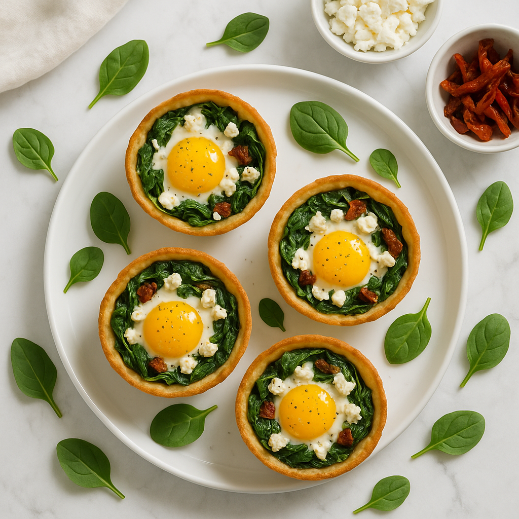 Baked Egg and Spinach Breakfast Cups Low Calorie with Feta and Sun-Dried Tomato