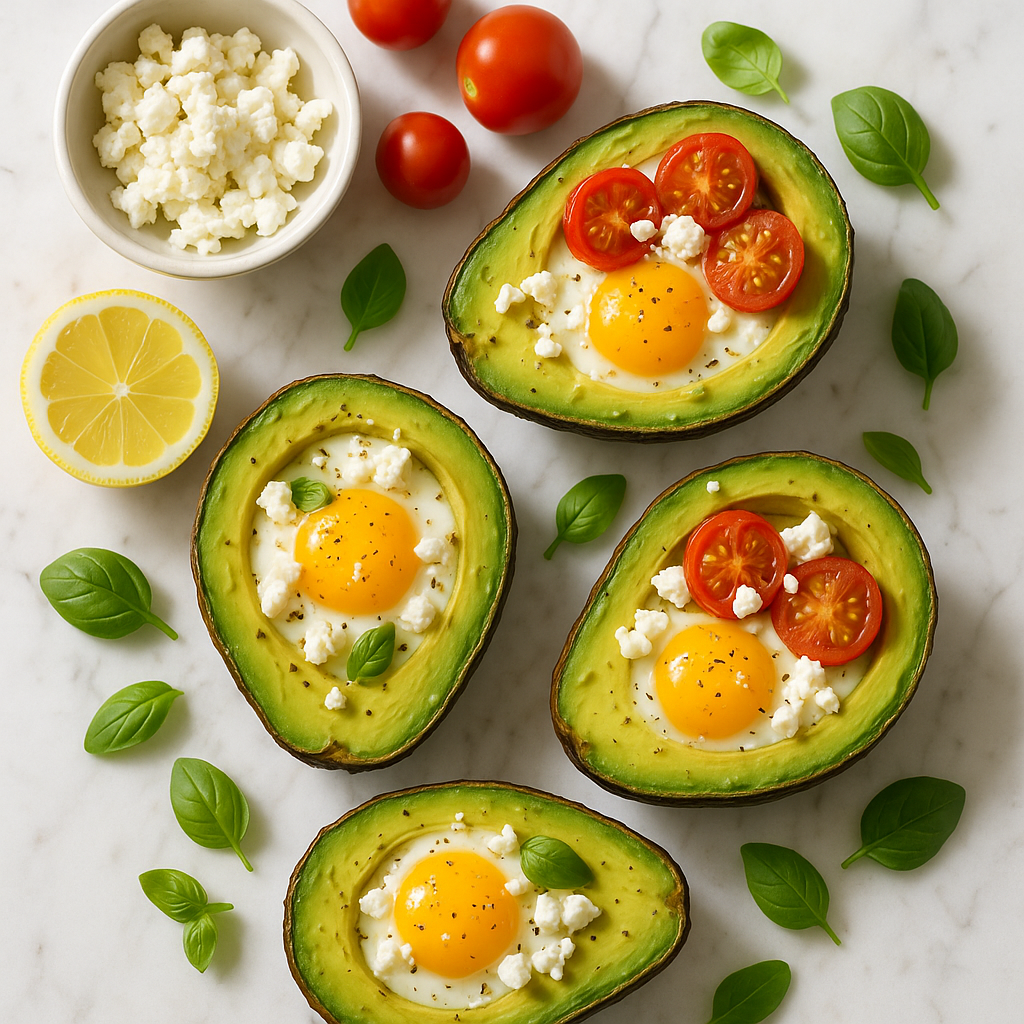 Baked Egg Avocado Cups Low Carb with Feta and Cherry Tomatoes