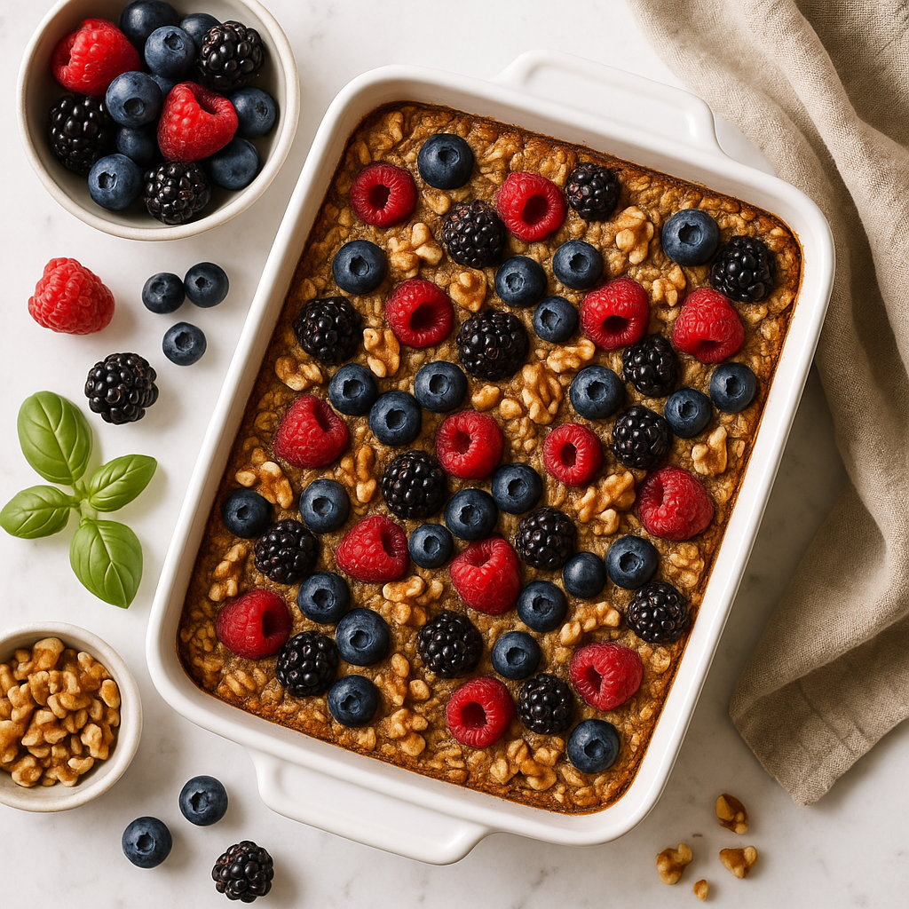 Baked Oatmeal with Mixed Berries and Walnuts (High Fibre Power Breakfast)