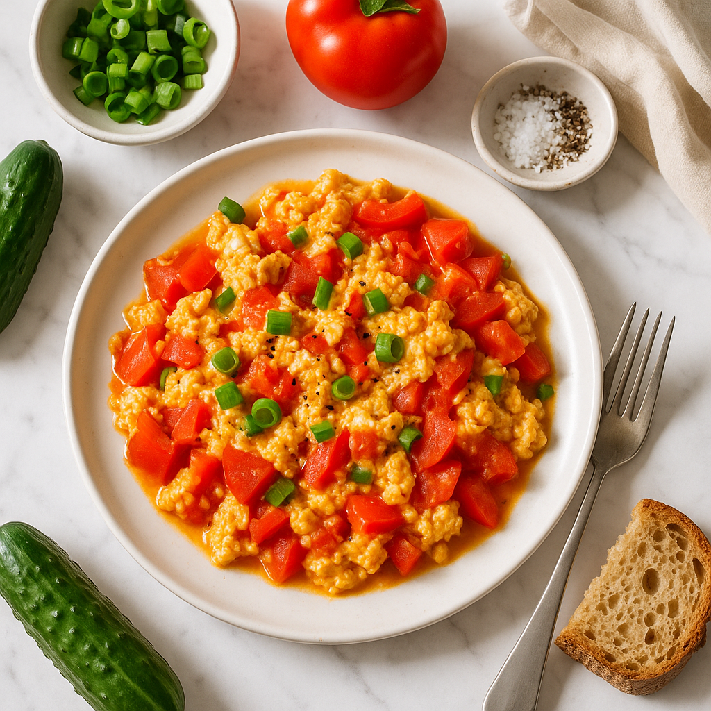 Balkan Style Scrambled Eggs with Peppers and Tomatoes (High-Protein Sataras)