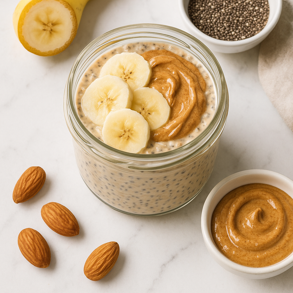 Banana Chia Seed Overnight Oats Dairy Free with Almond Butter Swirl