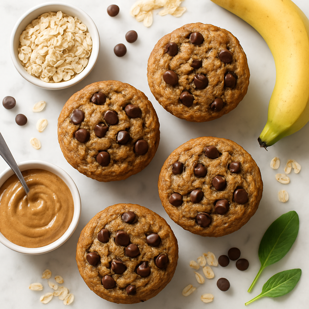 Banana Chocolate Chip Breakfast Muffins Dairy Free with Oat Flour and Almond Butter