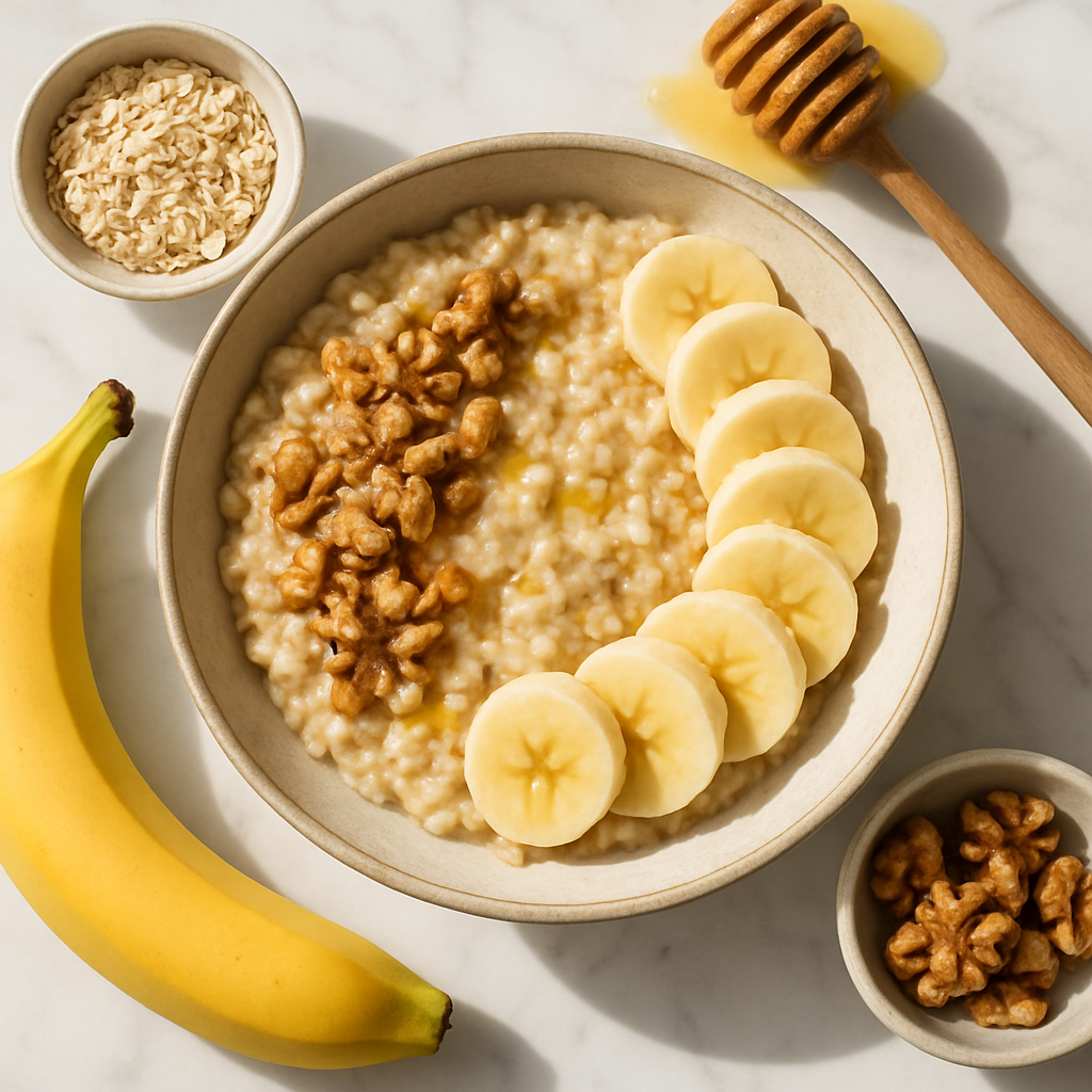 Banana Oatmeal Breakfast Bowl with Honey and Walnuts