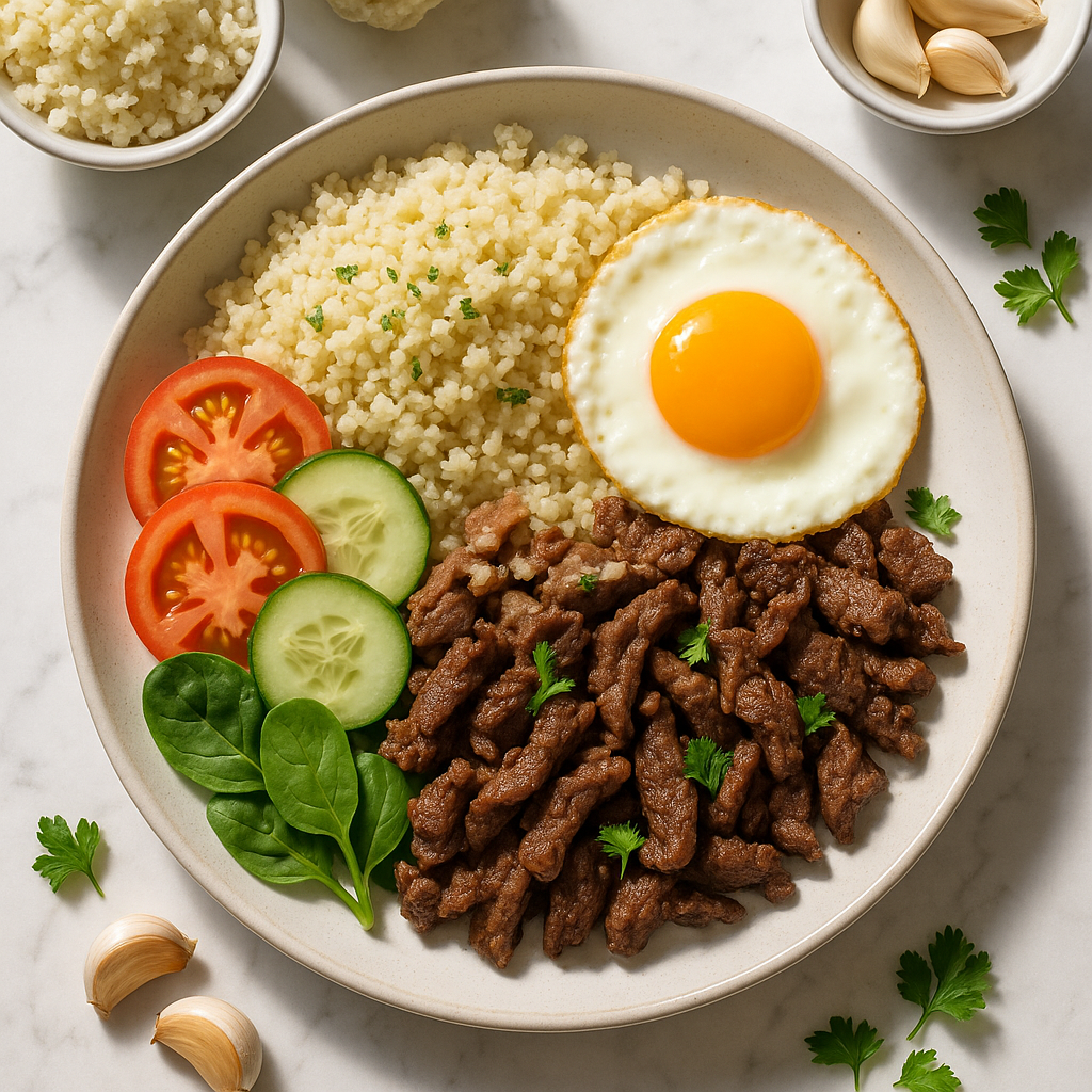 High Protein Beef Tapa Silog Meal with Cauliflower Garlic Rice