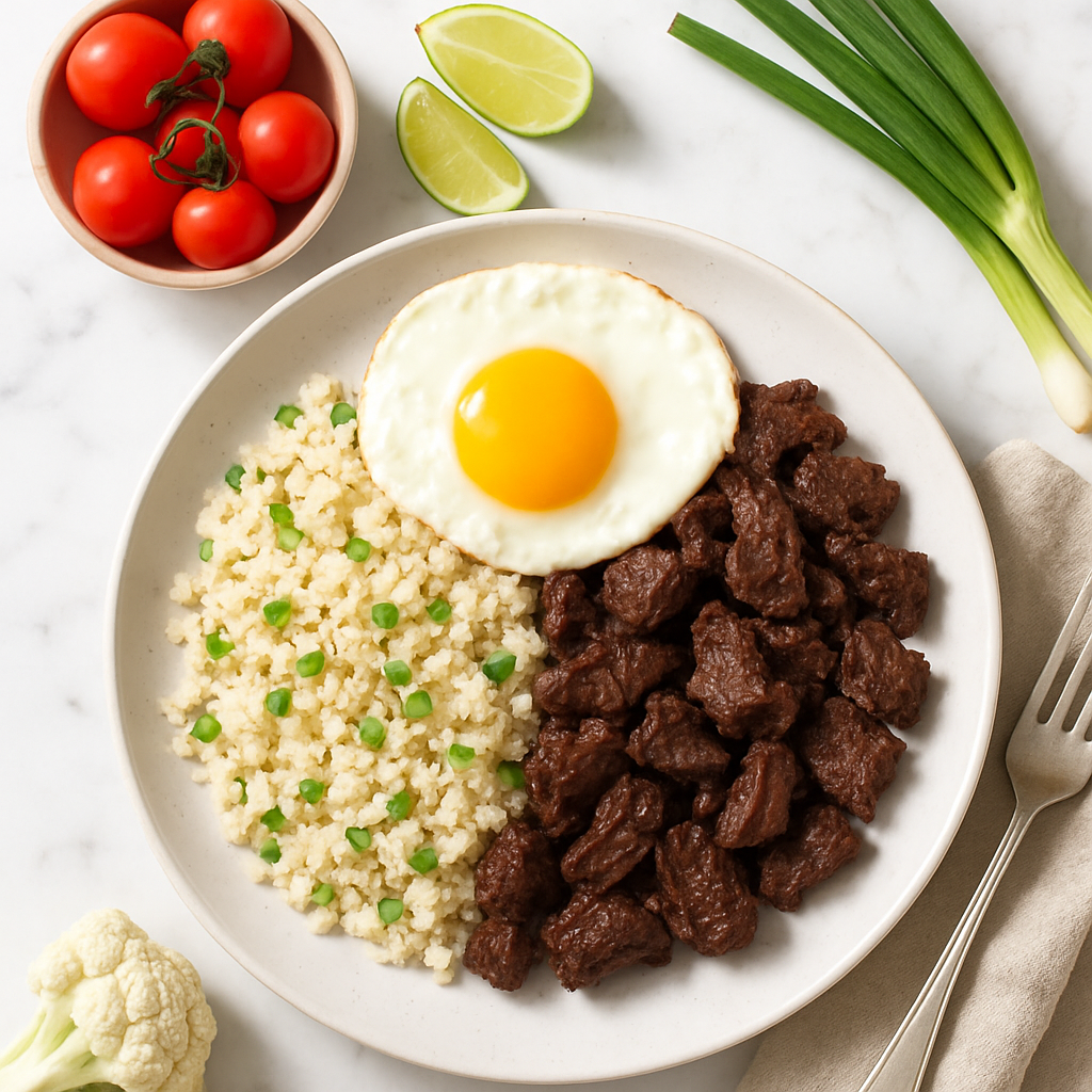 Beef Tapa Silog High Protein Filipino Breakfast with Cauliflower Garlic Rice