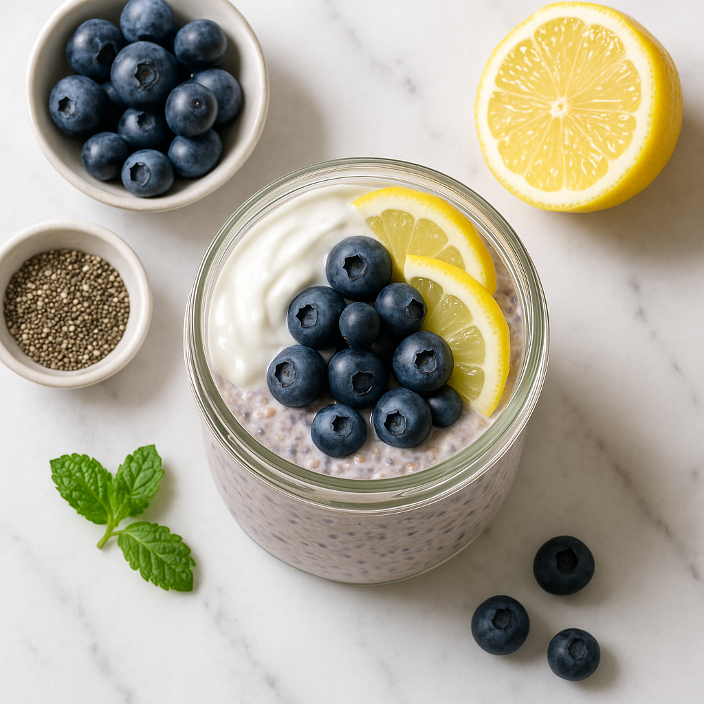 Blueberry Chia Overnight Oats Low Calorie with Lemon and Greek Yogurt