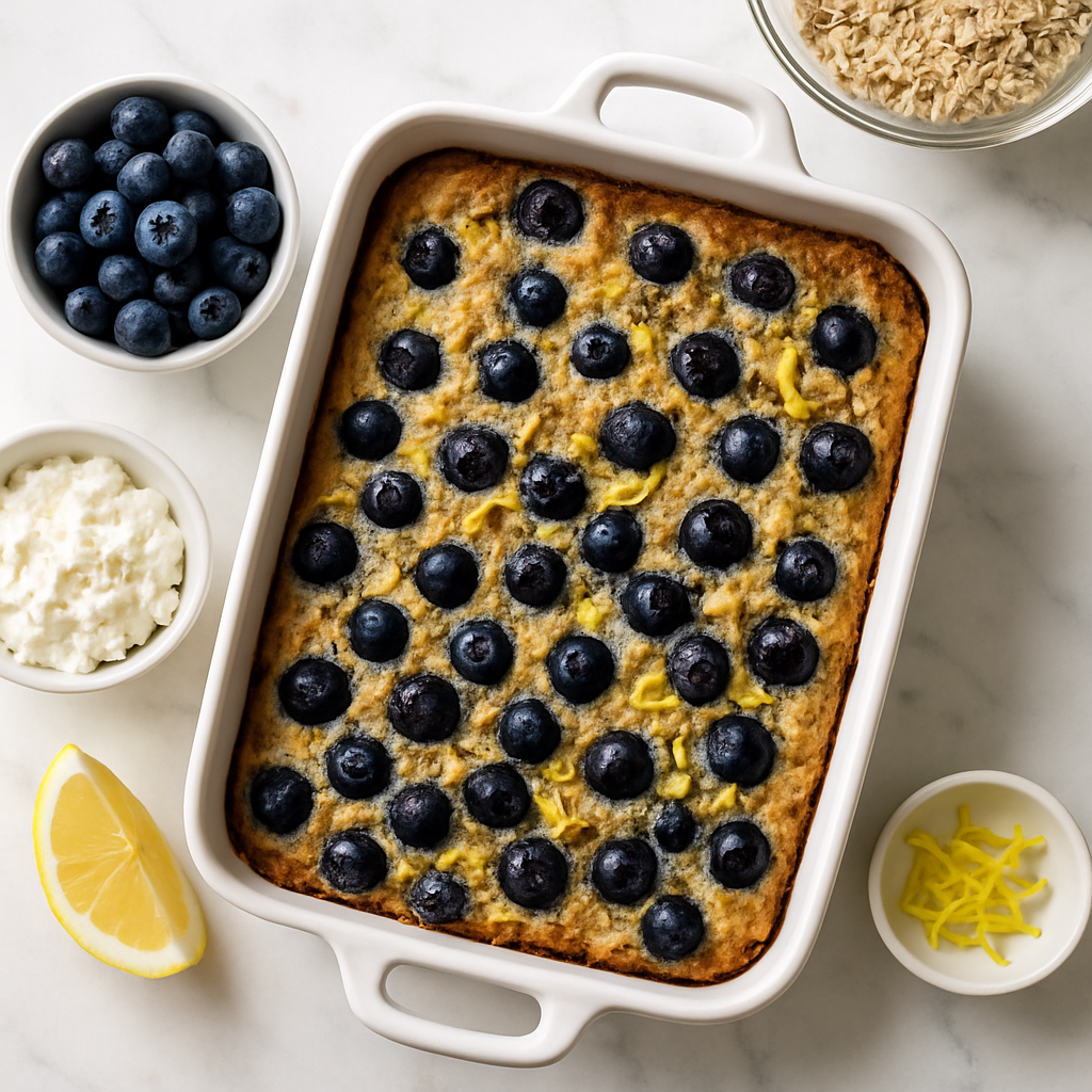 Blueberry Cottage Cheese Breakfast Bake with Oats and Lemon Zest