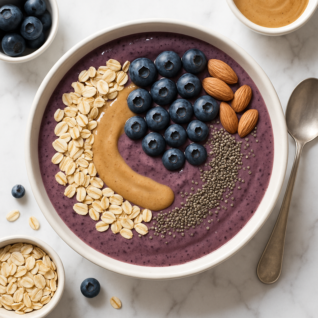 Blueberry Oatmeal Smoothie Bowl Dairy Free with Almond Butter and Chia