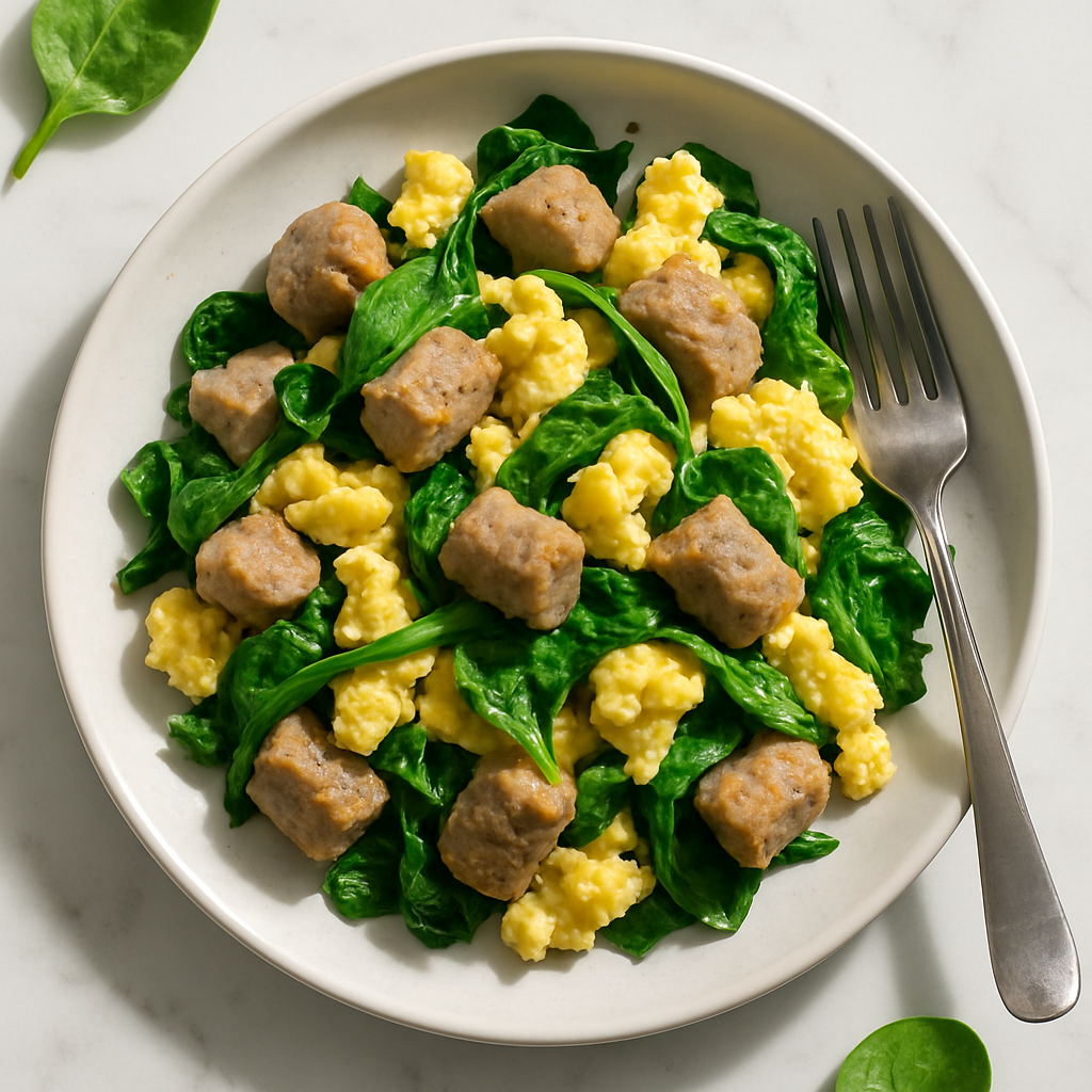 Breakfast Sausage and Egg Scramble Low Calorie with Turkey Sausage and Spinach