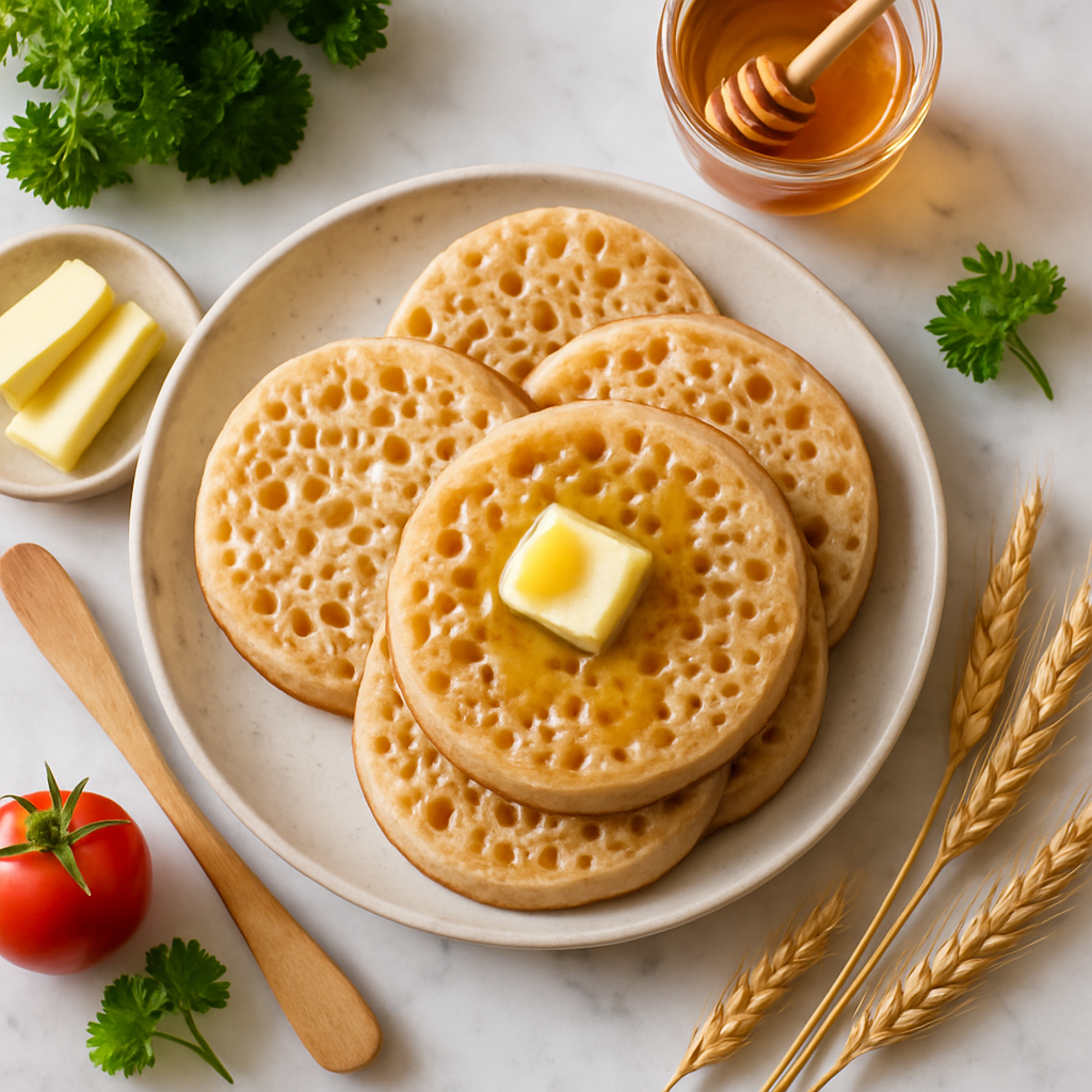 British Crumpets with Butter and Honey: Easy Homemade Recipe with Wholegrain Goodness