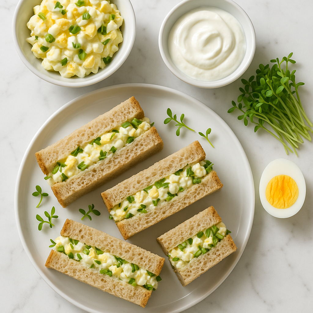 British Egg and Cress Finger Sandwiches High Protein Style with Greek Yogurt Filling