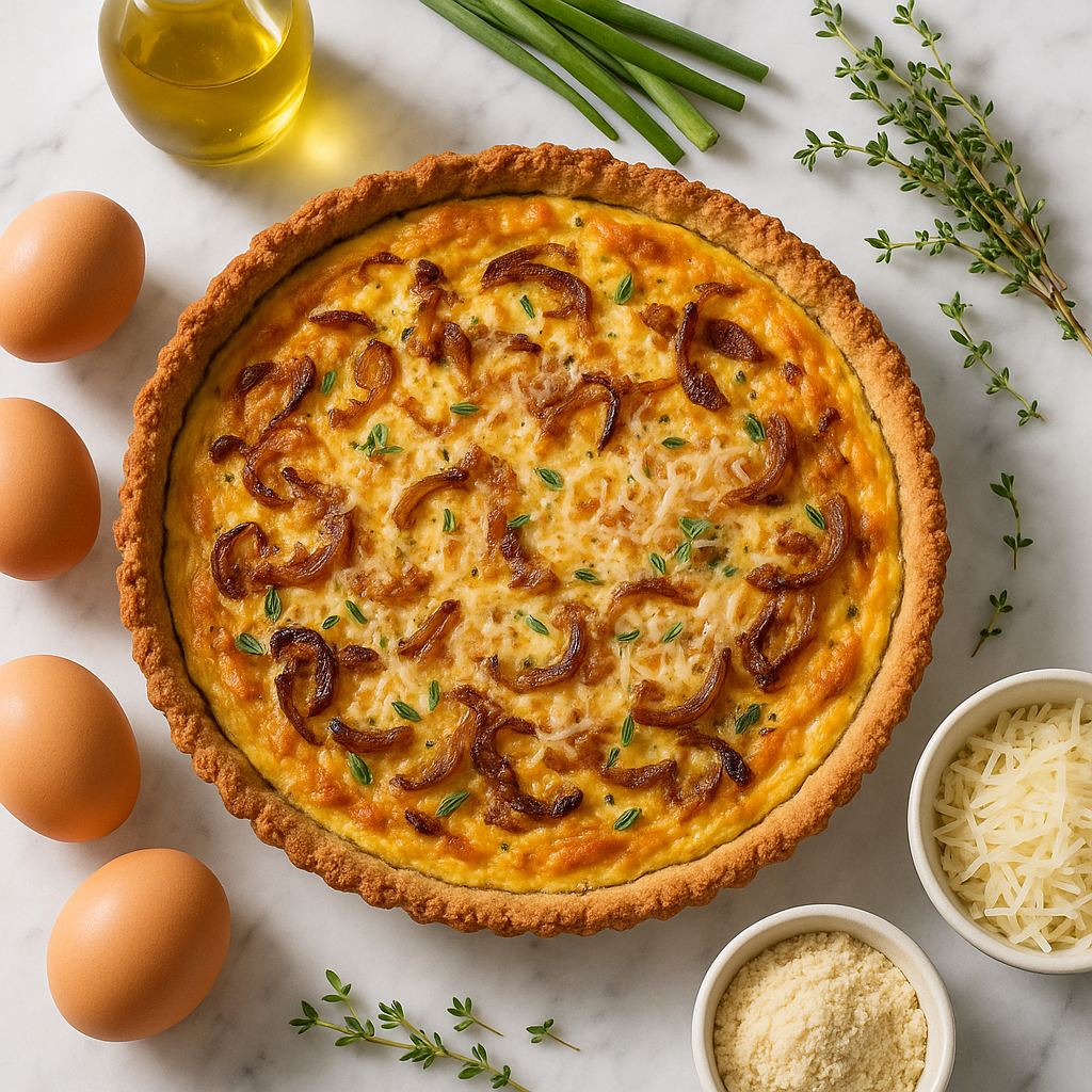 Caramelized Onion and Gruyere Breakfast Quiche with a Almond Flour Crust