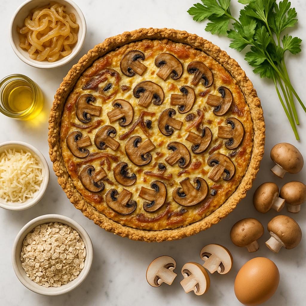 Caramelized Onion Mushroom and Gruyere Breakfast Quiche with Oat Crust