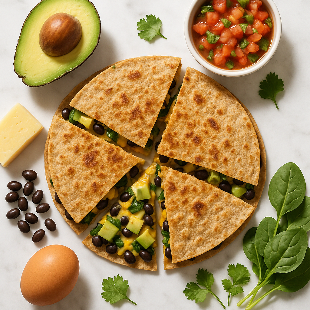 Cheesy Whole Wheat Breakfast Quesadilla with Black Beans