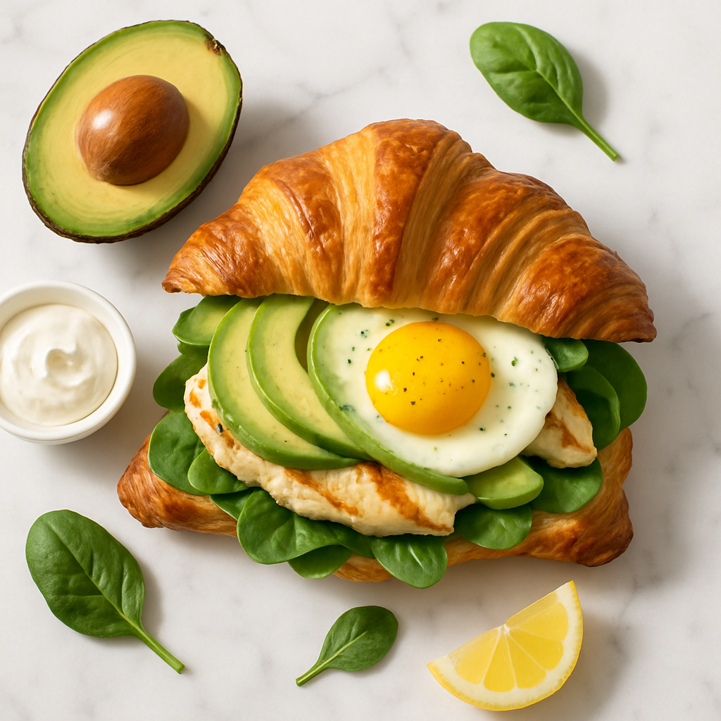 Healthy Chicken and Egg Croissant Breakfast Sandwich with Avocado