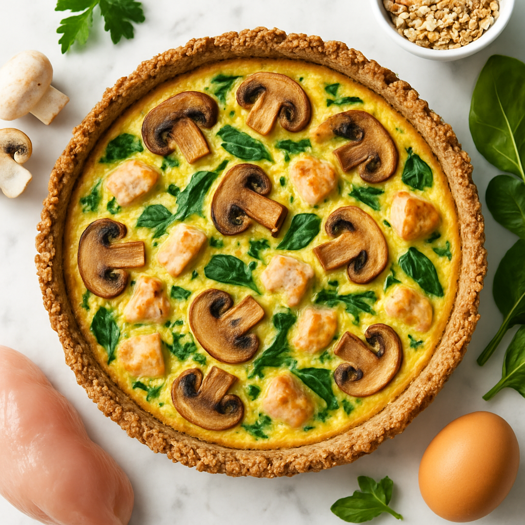 Chicken and Mushroom Breakfast Quiche with a Wholegrain Oat Crust