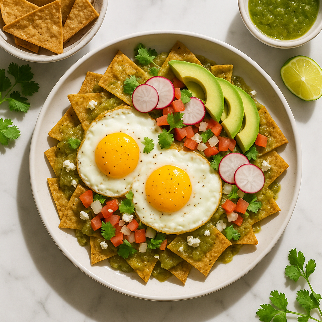 Healthy Chilaquiles Verdes with Fried Eggs and Baked Tortilla Chips