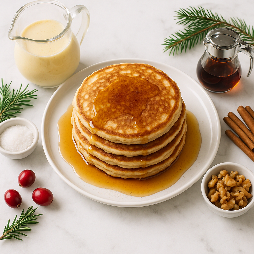 Christmas Morning Eggnog Pancakes with Maple Syrup