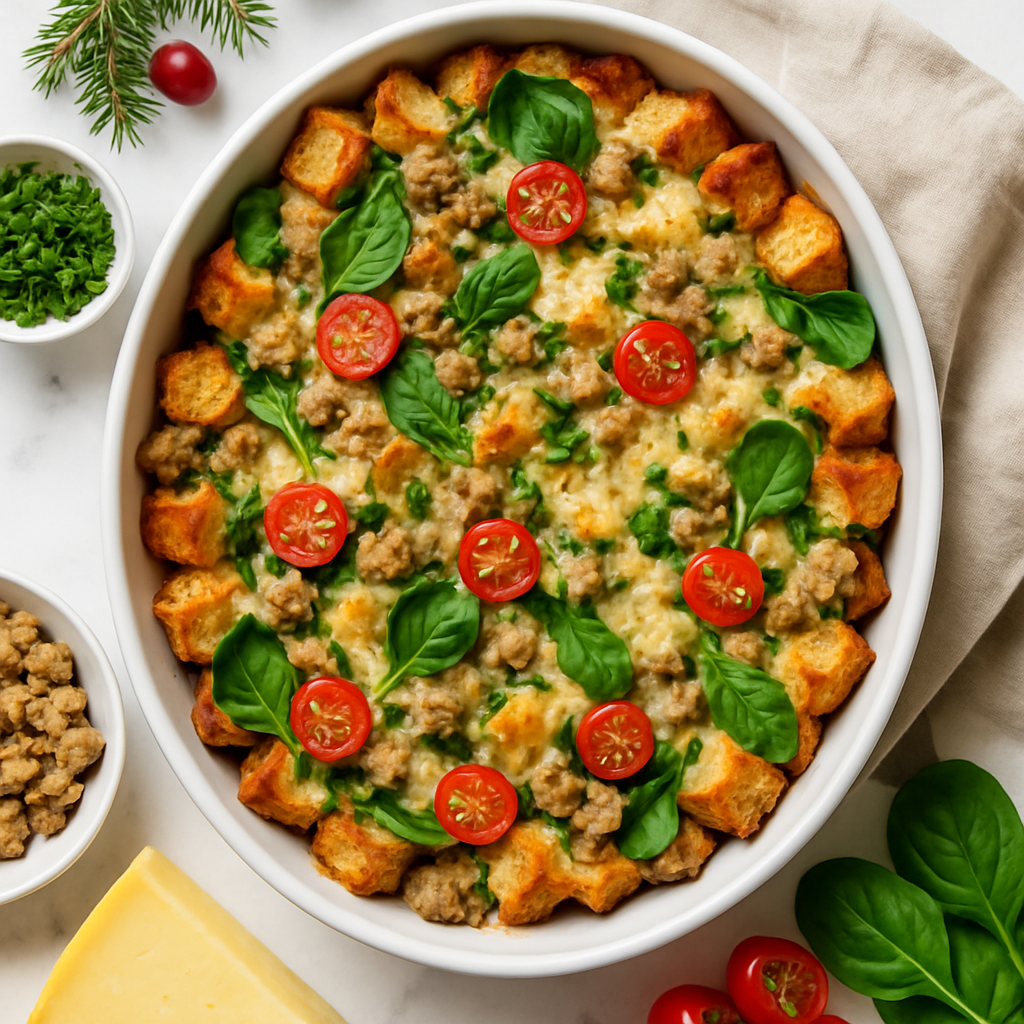 Christmas Strata with Turkey Sausage and Gruyere Cheese