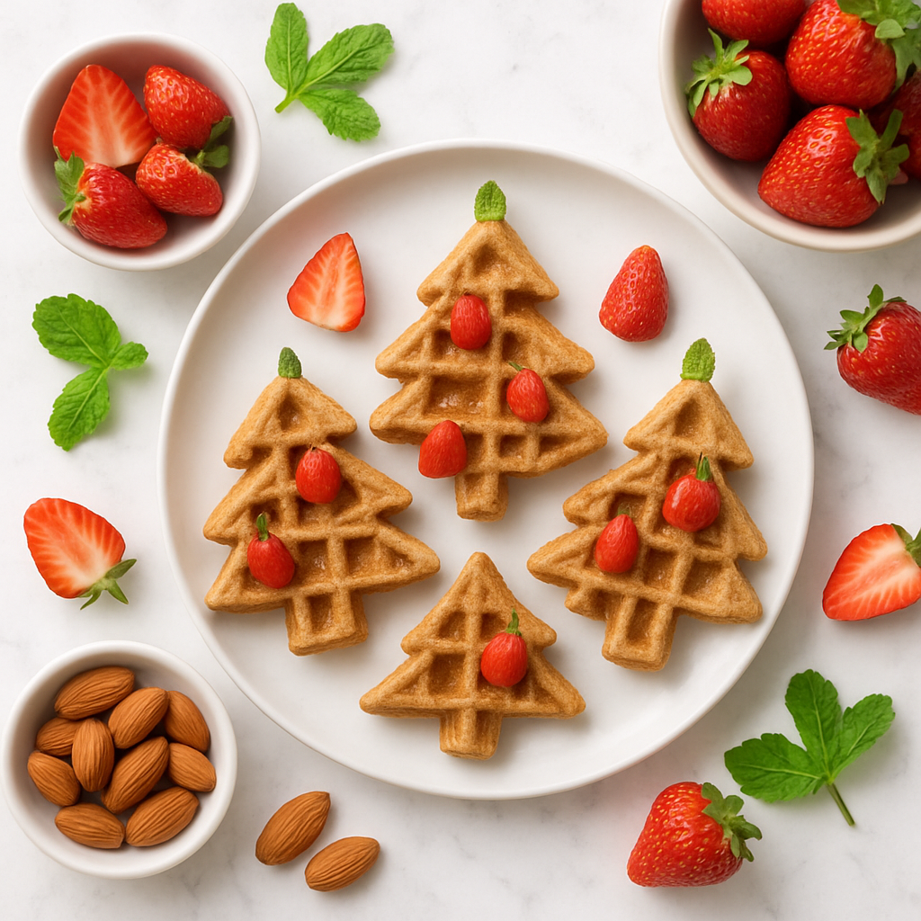 Christmas Tree Shaped Whole Wheat Waffles with Strawberries