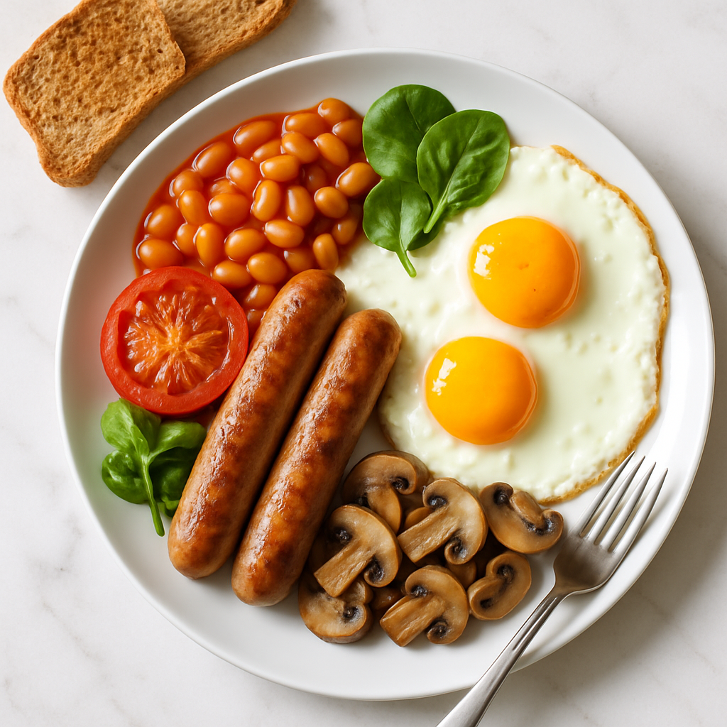 Classic Full English Breakfast with Turkey Sausage and Eggs