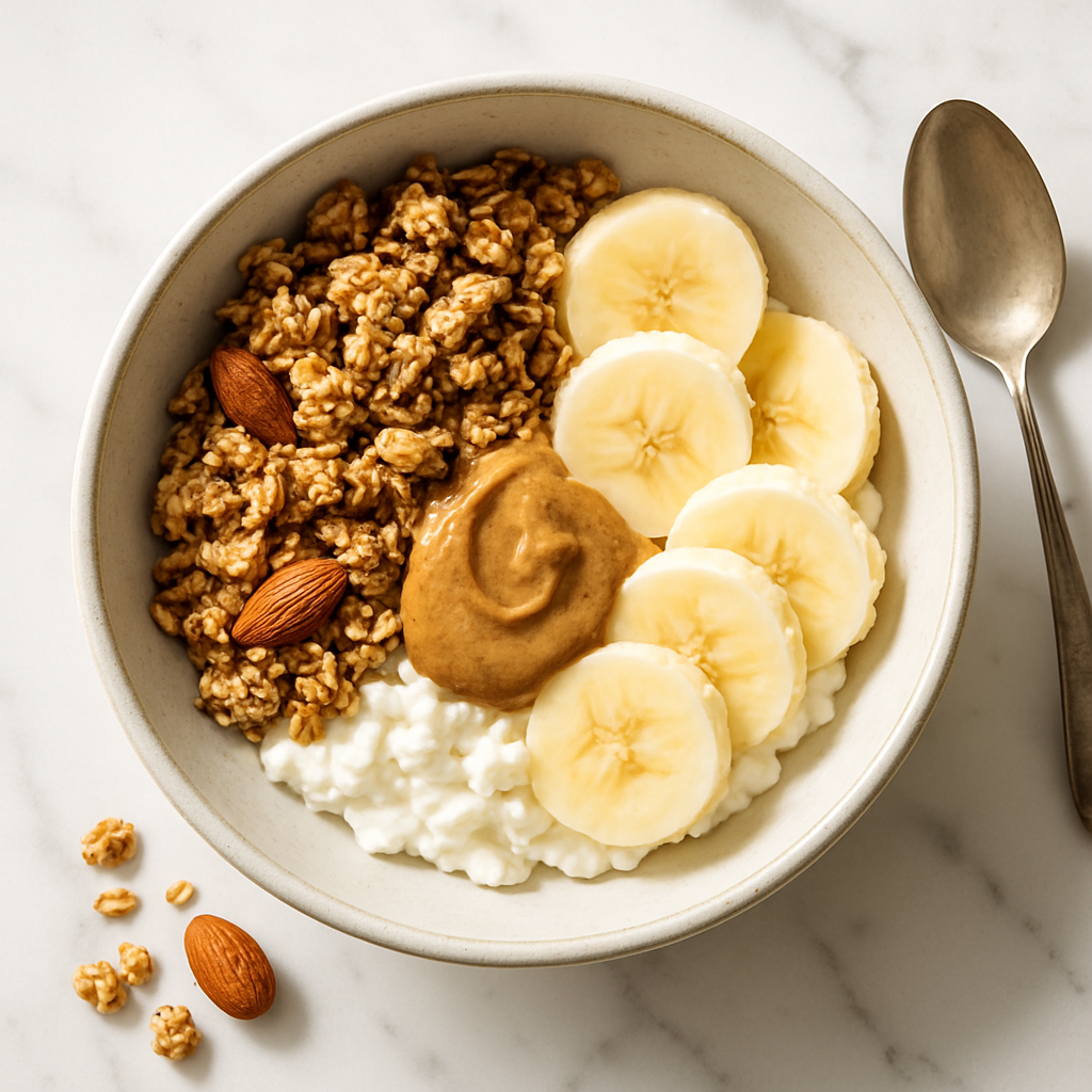 Cottage Cheese Banana Breakfast Bowl with Granola and Almond Butter
