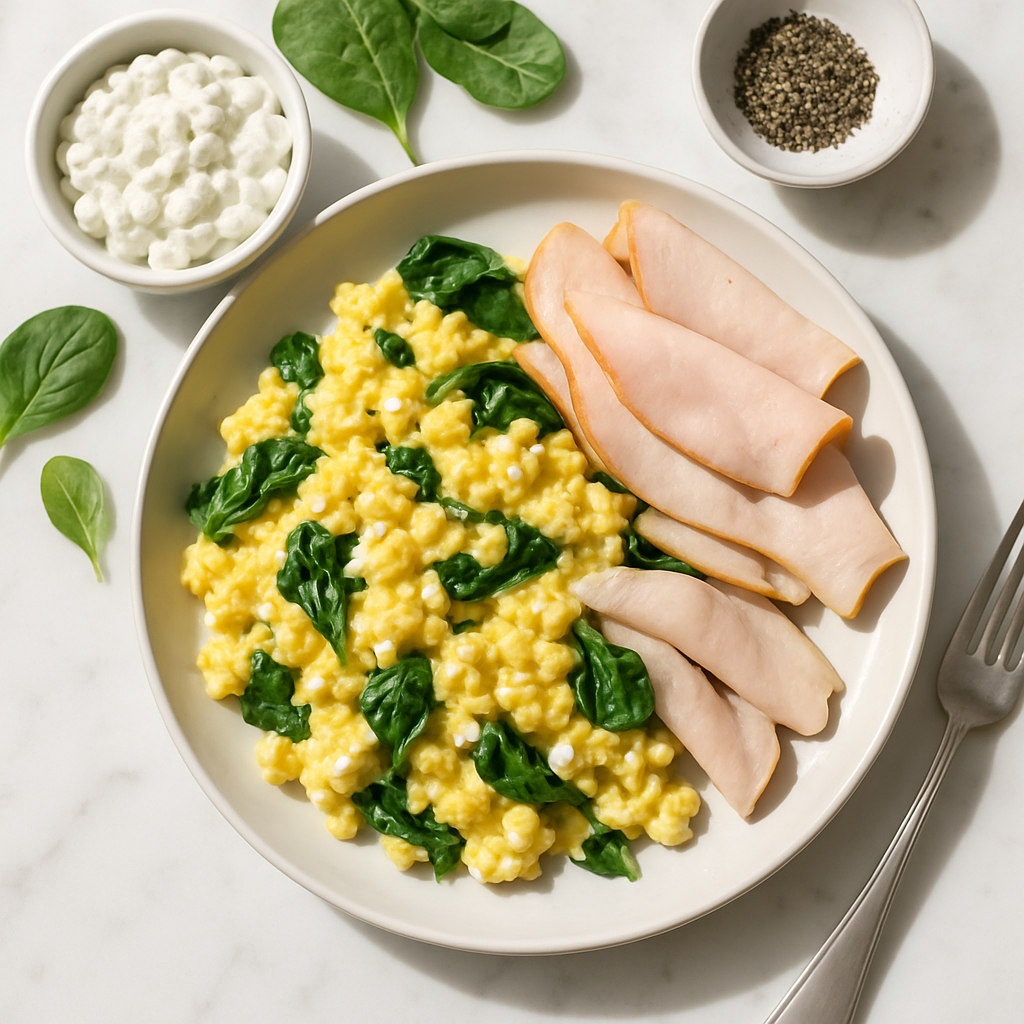 Cottage Cheese Egg Scramble with Spinach and Turkey