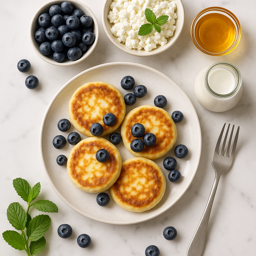 Fluffy Cottage Cheese Pancakes with Fresh Blueberries