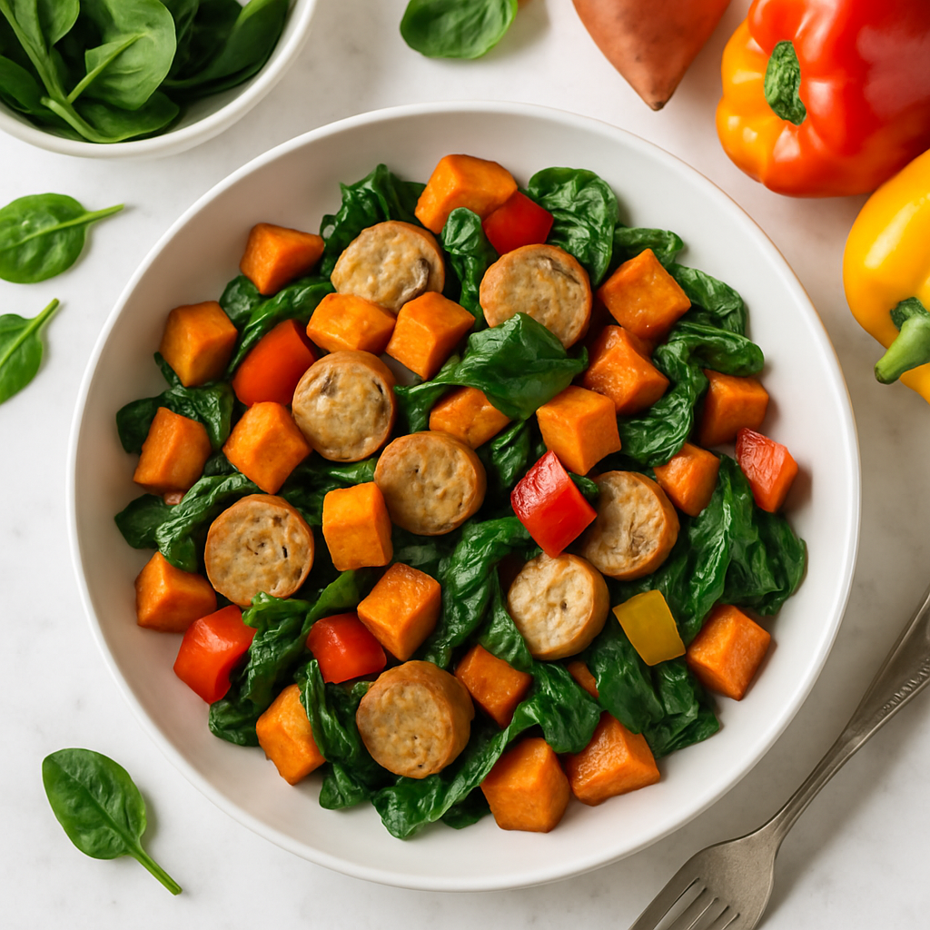 Dairy Free Chicken Sausage Sweet Potato Hash with Peppers and Spinach