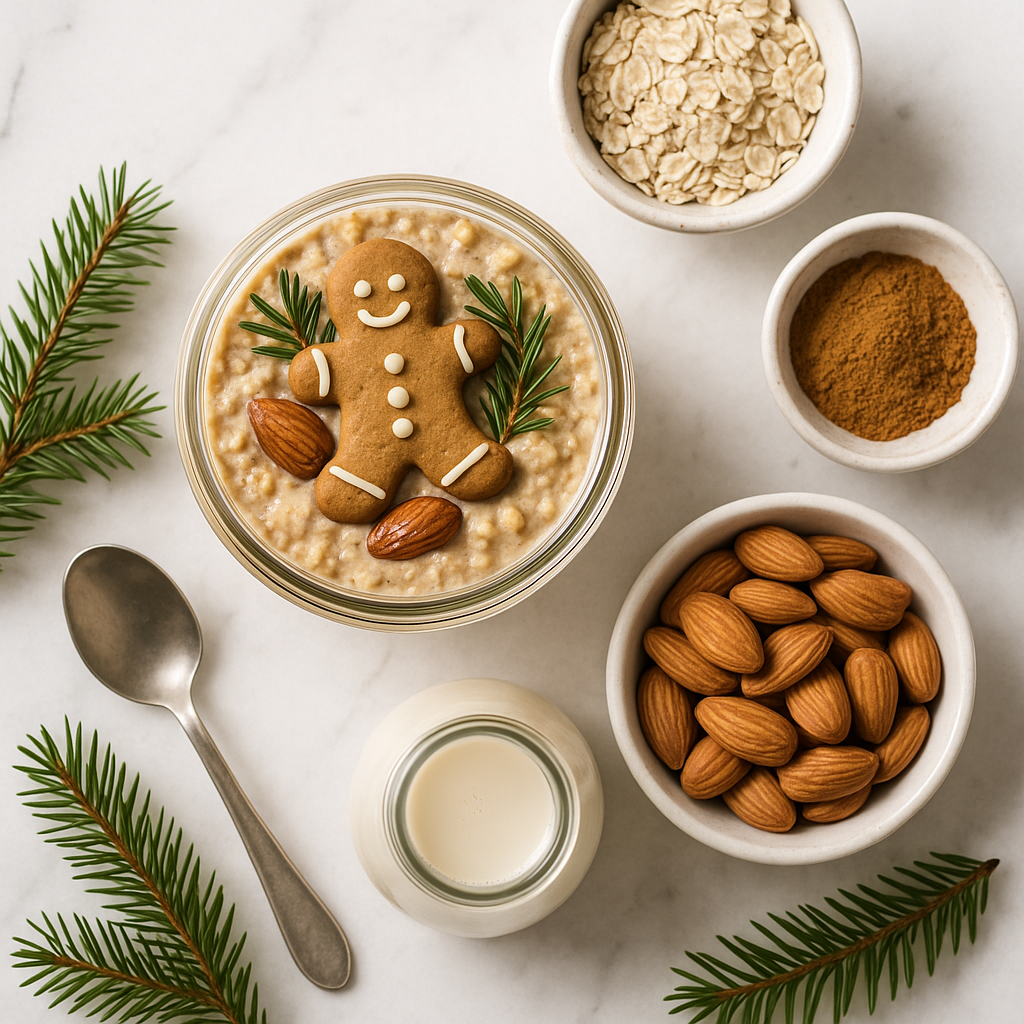 Dairy Free Christmas Overnight Oats with Gingerbread Spice and Vanilla Almond Milk