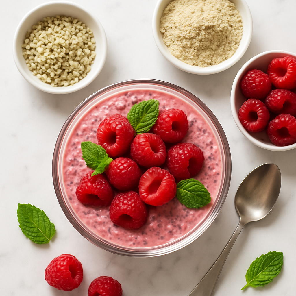 Dairy Free Raspberry Chia Pudding Breakfast with Vanilla Hemp Protein