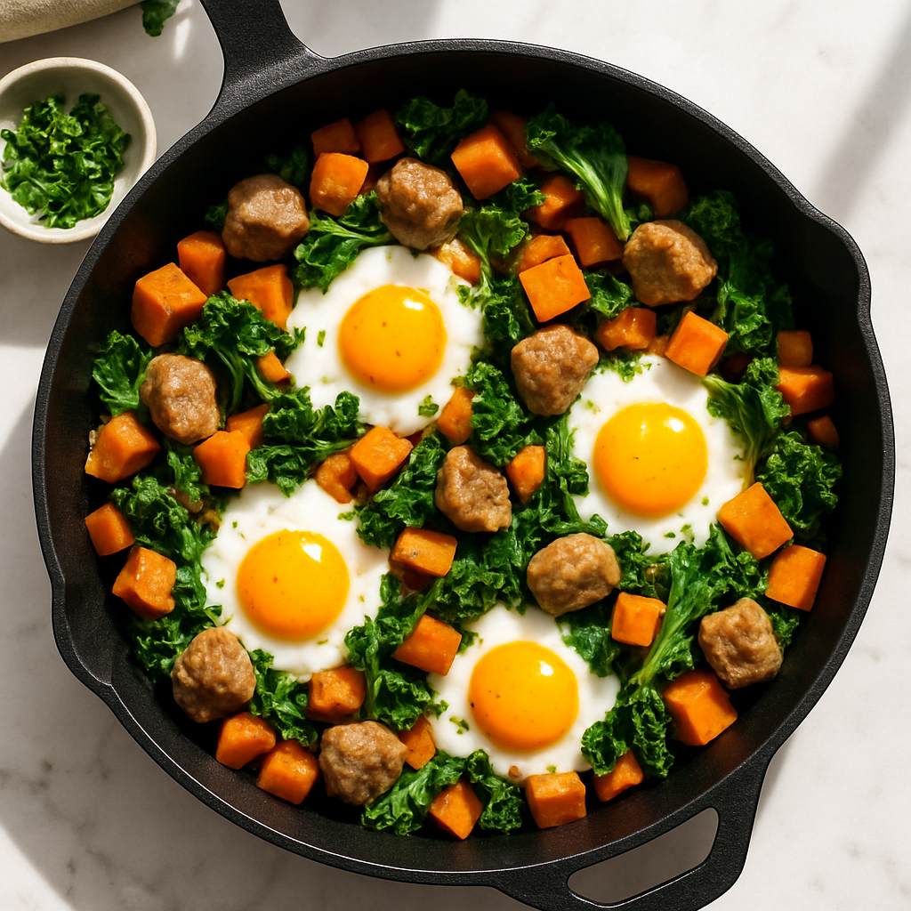 Dairy Free Sweet Potato Breakfast Skillet with Turkey Sausage and Kale