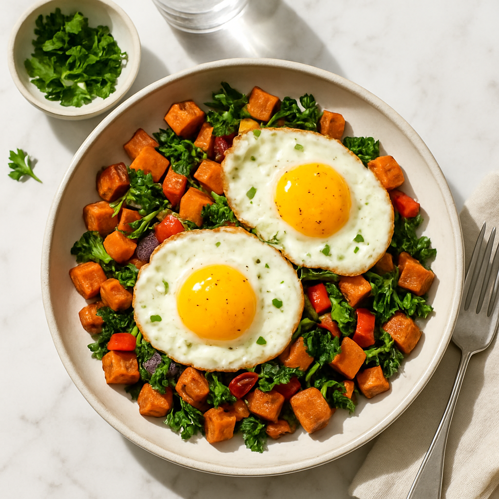 Dairy Free Sweet Potato Hash with Fried Eggs for Dinner