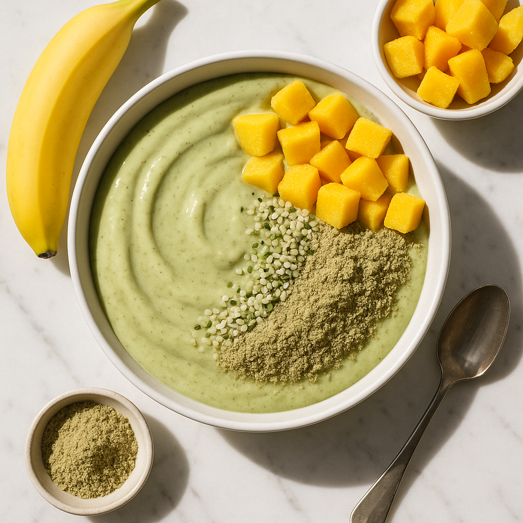 Dairy Free Vegan Smoothie Bowl with Frozen Mango and Hemp Protein